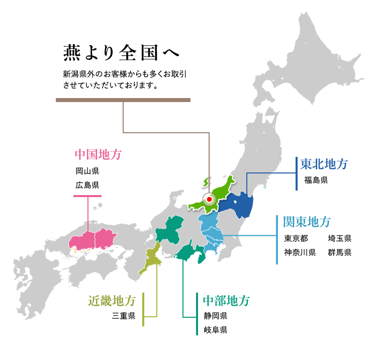 燕より全国へ　新潟県外のお客様からも多くお取引させていただいております。　日本地図のイメージ